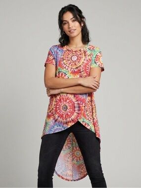 Ashley Blue Tie Dye High Low Tunic Top XL Colorful Boho Short Sleeve